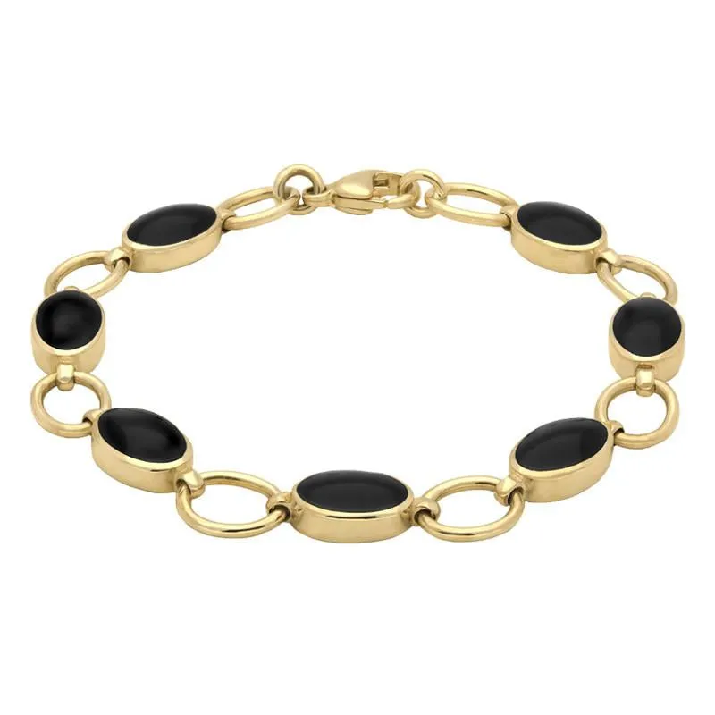 9ct Yellow Gold Whitby Jet Seven Oval Stone Bracelet