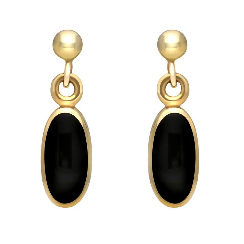 9ct Yellow Gold Whitby Jet Small Long Oval Drop Earrings