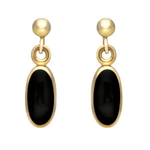 9ct Yellow Gold Whitby Jet Small Long Oval Drop Earrings