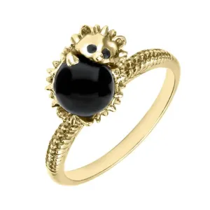 9ct Yellow Gold Whitby Jet Tiny Hedgehog Ring