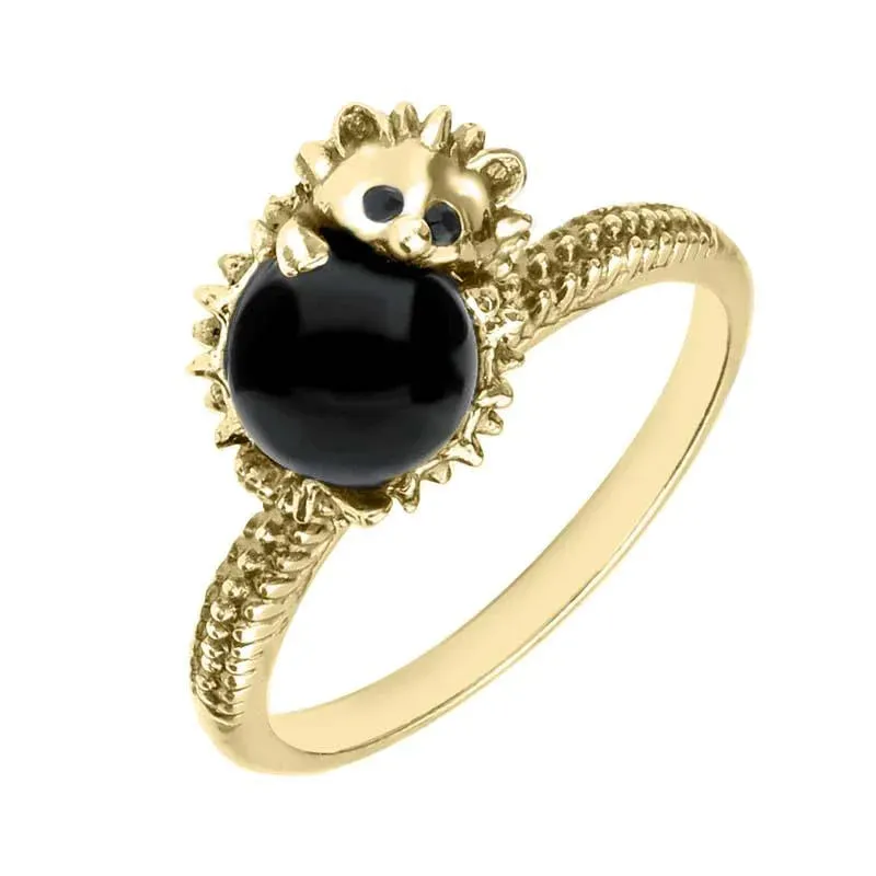 9ct Yellow Gold Whitby Jet Tiny Hedgehog Ring