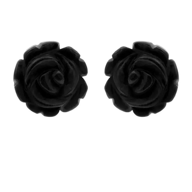 9ct Yellow Gold Whitby Jet Tuberose 10mm Rose Stud Earrings