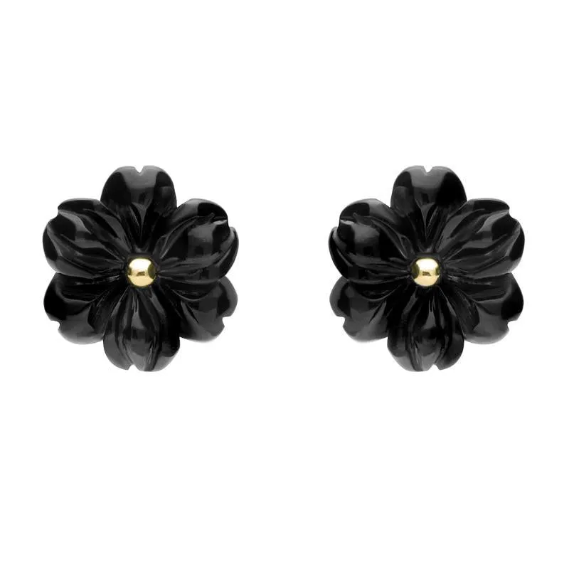 9ct Yellow Gold Whitby Jet Tuberose 12mm Flower Stud Earrings