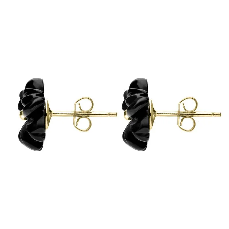 9ct Yellow Gold Whitby Jet Tuberose 12mm Flower Stud Earrings