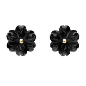 9ct Yellow Gold Whitby Jet Tuberose 12mm Flower Stud Earrings
