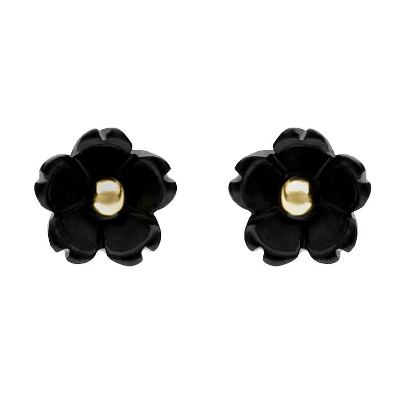 9ct Yellow Gold Whitby Jet Tuberose 6mm Flower Stud Earrings