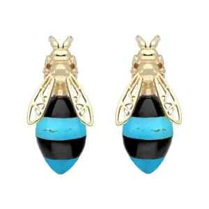 9ct Yellow Gold Whitby Jet Turquoise Bee Stud Earrings