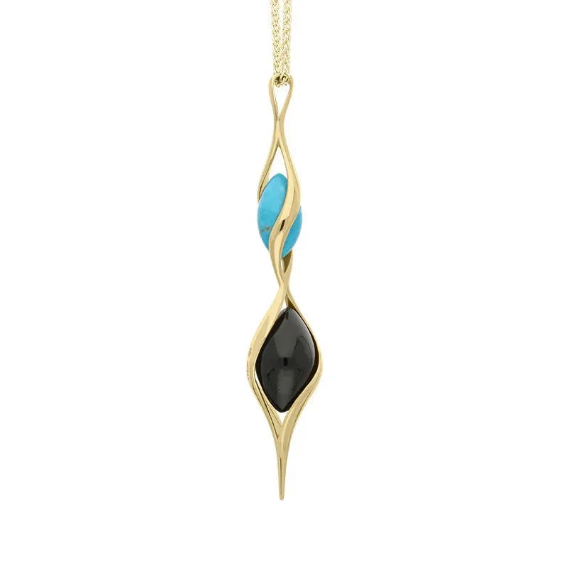 9ct Yellow Gold Whitby Jet Turquoise Double Bead Twist Necklace