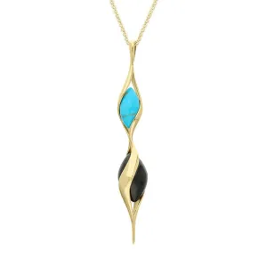 9ct Yellow Gold Whitby Jet Turquoise Double Bead Twist Necklace
