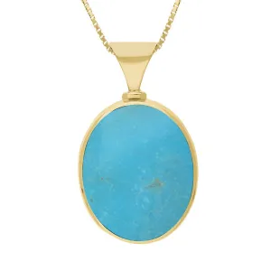 9ct Yellow Gold Whitby Jet Turquoise King's Coronation Hallmark Double Sided Oval Necklace D