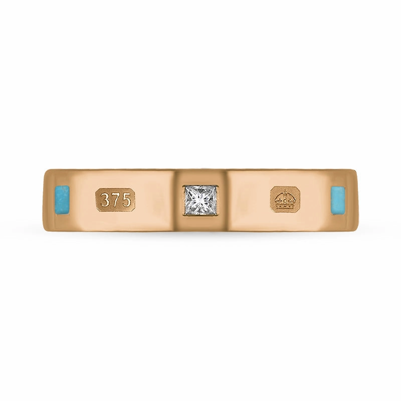 9ct Rose Gold 0.09ct Diamond Turquoise King's Coronation Hallmark Princess Cut 4mm Ring D