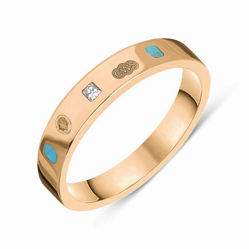 9ct Rose Gold 0.09ct Diamond Turquoise King's Coronation Hallmark Princess Cut 4mm Ring D