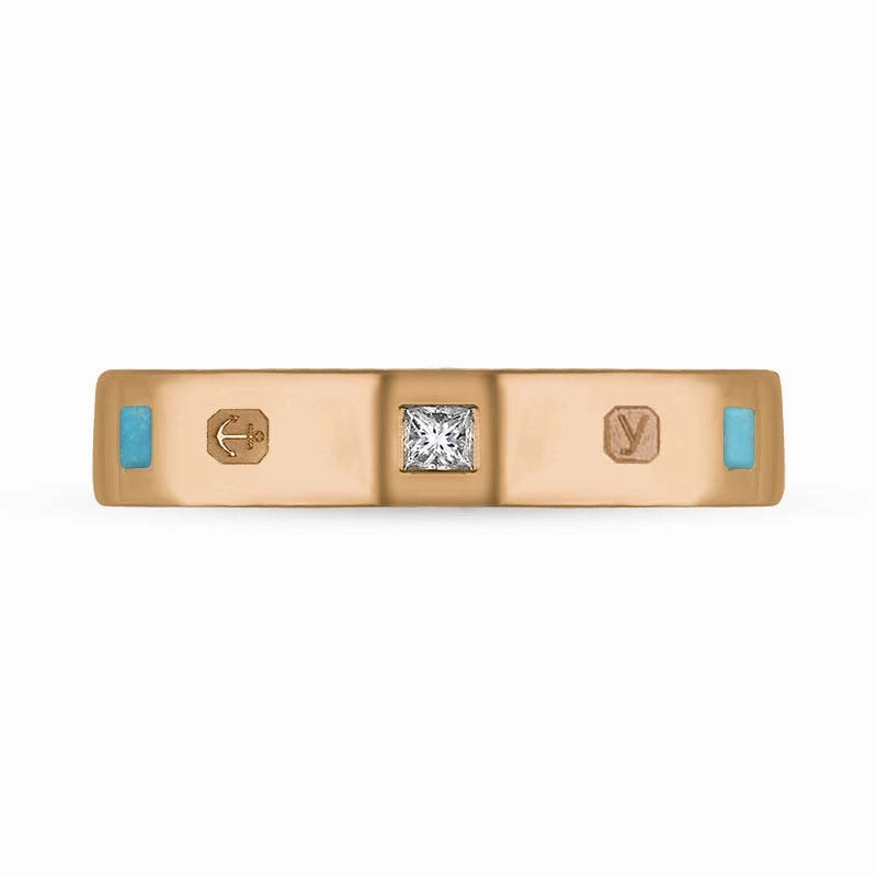 9ct Rose Gold 0.09ct Diamond Turquoise King's Coronation Hallmark Princess Cut 4mm Ring D