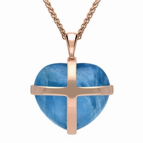 9ct Rose Gold Aquamarine Medium Cross Heart Necklace