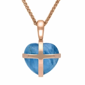 9ct Rose Gold Aquamarine Small Cross Heart Necklace