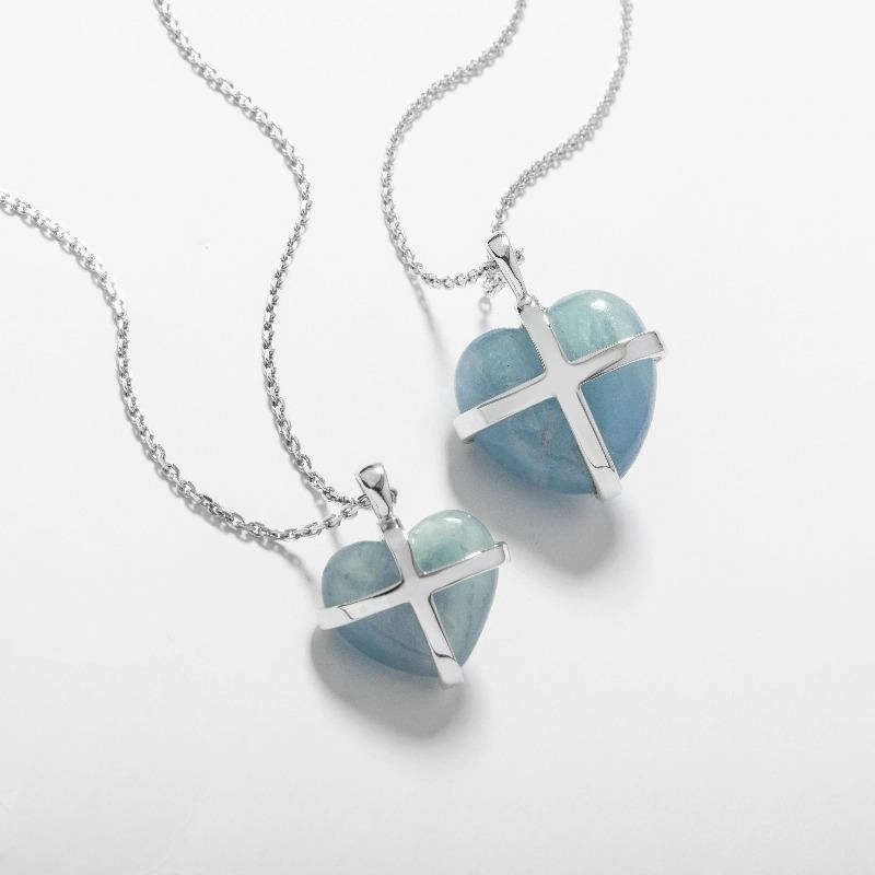 9ct Rose Gold Aquamarine Small Cross Heart Necklace