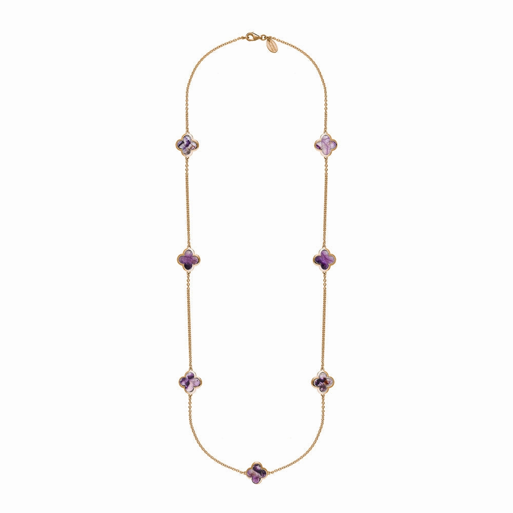 9ct Rose Gold Blue John Bloom Four Leaf Clover Long Necklace