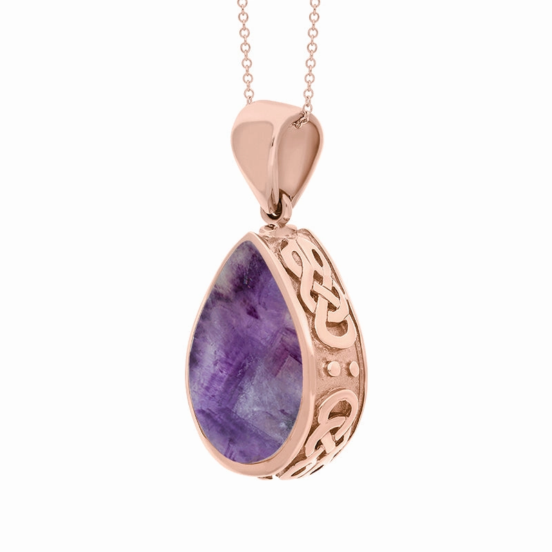 9ct Rose Gold Blue John Mother Of Pearl Double Sided Celtic Pear Cut Fob Necklace