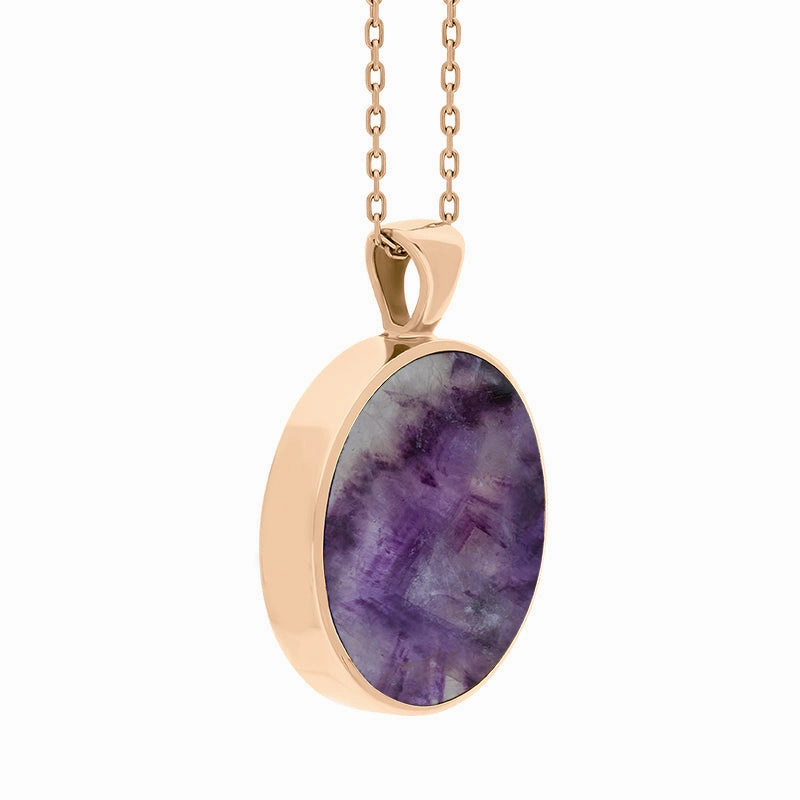 9ct Rose Gold Blue John Mother Of Pearl Large Double Sided Round Fob Necklace