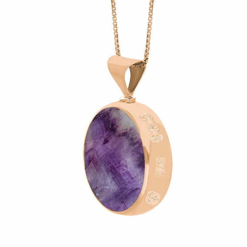 9ct Rose Gold Blue John Mother of Pearl Queens Jubilee Hallmark Double Sided Round Necklace D