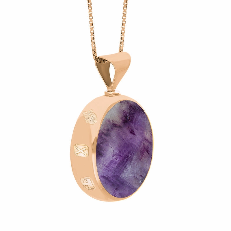 9ct Rose Gold Blue John Mother of Pearl Queens Jubilee Hallmark Double Sided Round Necklace D
