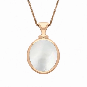 9ct Rose Gold Blue John White Mother Of Pearl Small Double Sided Oval Fob Necklace