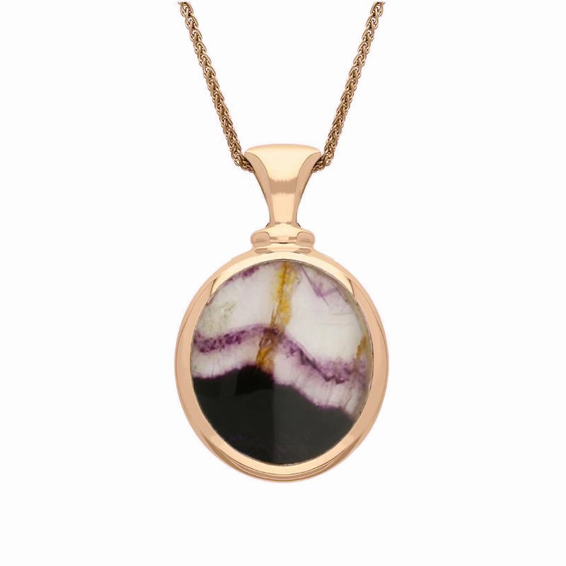 9ct Rose Gold Blue John White Mother Of Pearl Small Double Sided Oval Fob Necklace