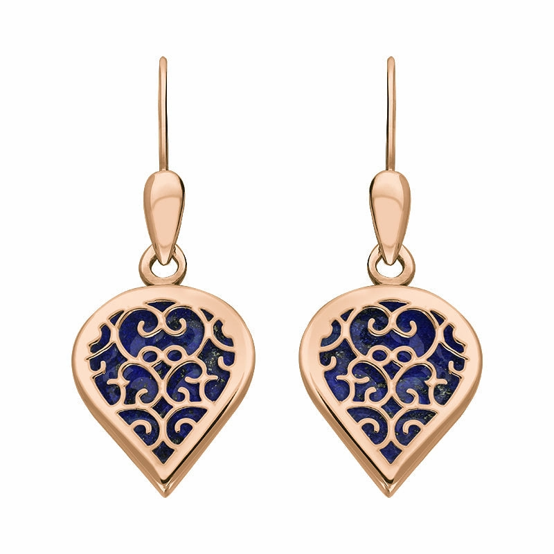 9ct Rose Gold Lapis Lazuli Flore Filigree Heart Drop Earrings