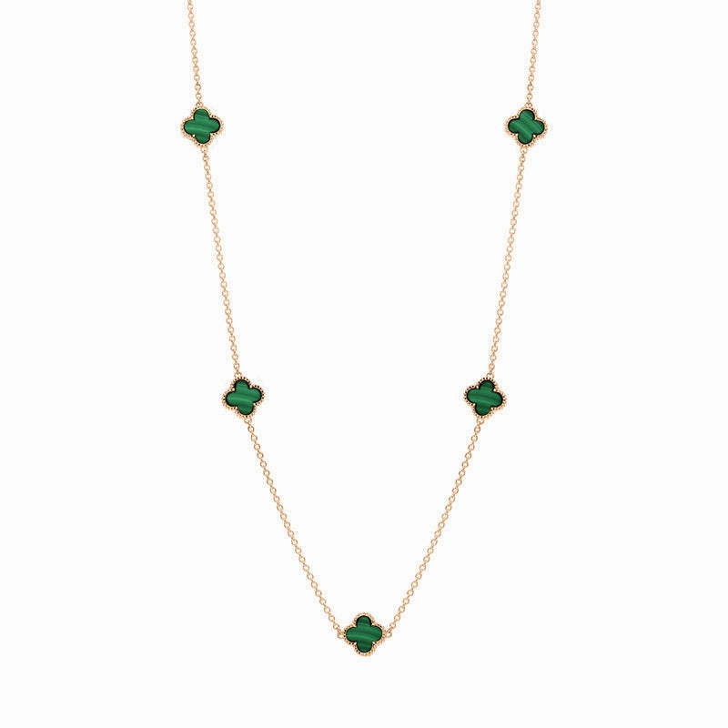 9ct Rose Gold Malachite Bloom Four Leaf Clover Ball Edge Necklace