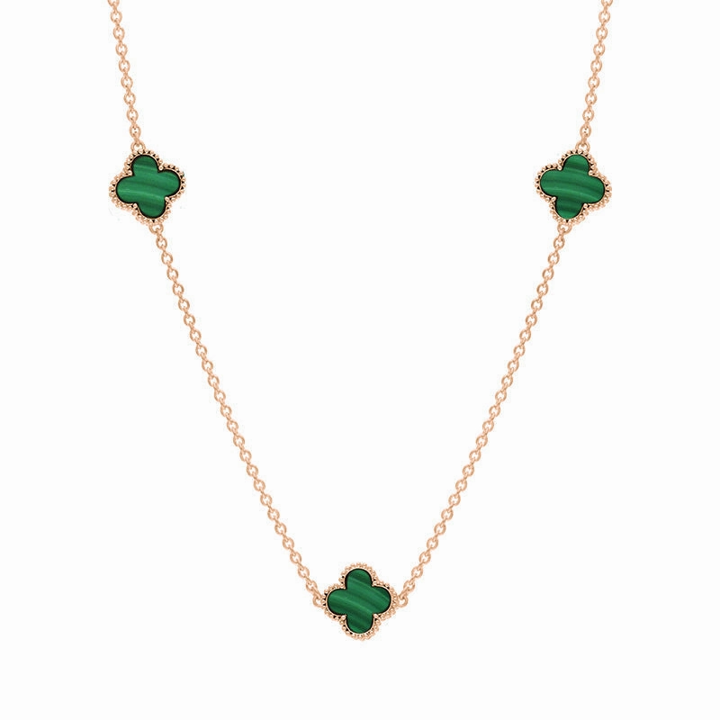 9ct Rose Gold Malachite Bloom Four Leaf Clover Ball Edge Necklace