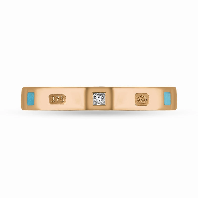 9ct Rose Gold Turquoise 0.05ct Diamond Queen's Jubilee Hallmark Princess Cut 3mm Ring D