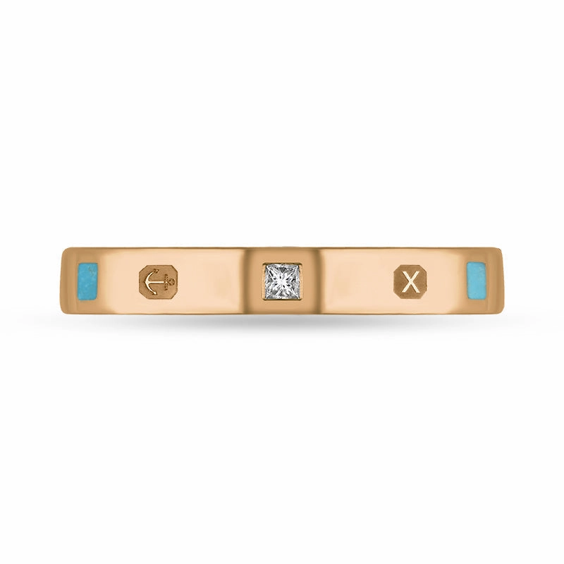 9ct Rose Gold Turquoise 0.05ct Diamond Queen's Jubilee Hallmark Princess Cut 3mm Ring D