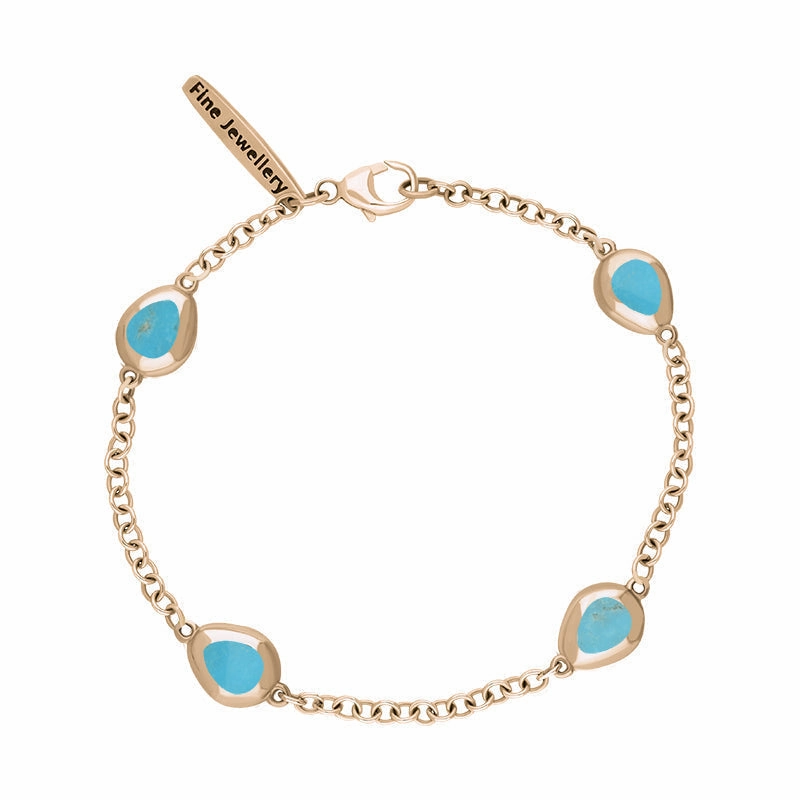 9ct Rose Gold Turquoise Oval Cross Detail Four Stone Bracelet