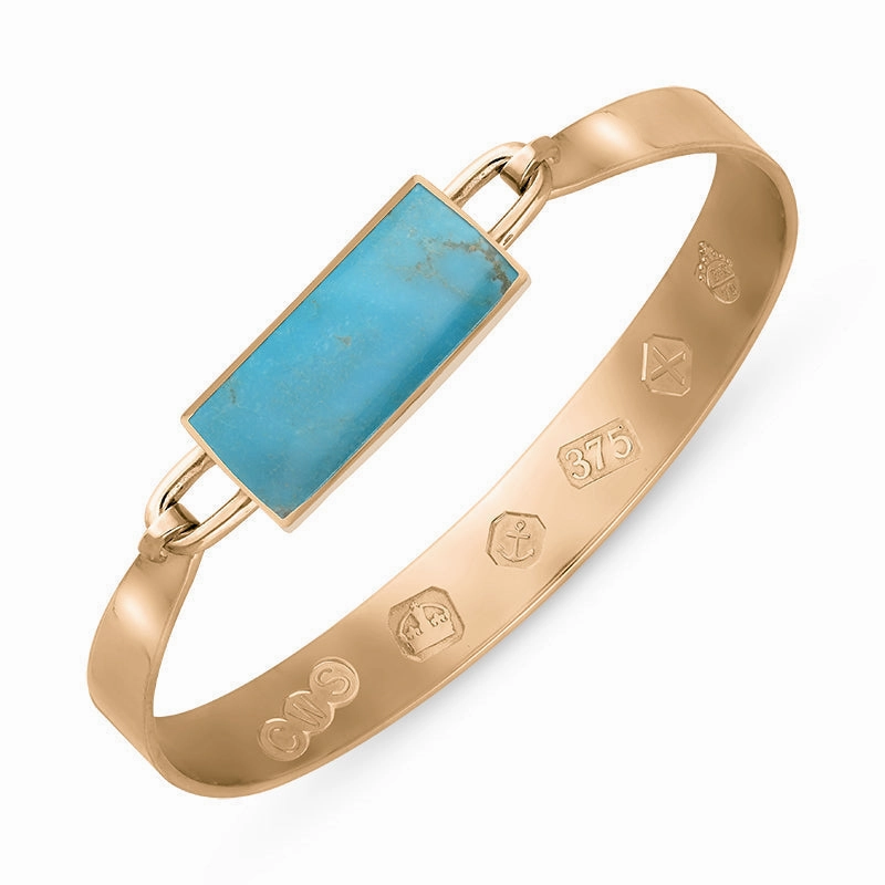9ct Rose Gold Turquoise Queen's Jubilee Hallmark Wide Oblong Bangle D