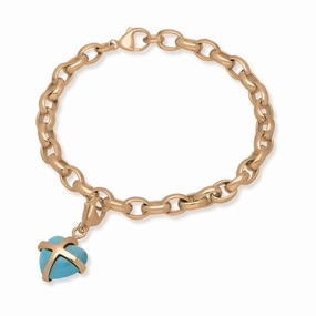 9ct Rose Gold Turquoise Small Cross Heart Charm Bracelet