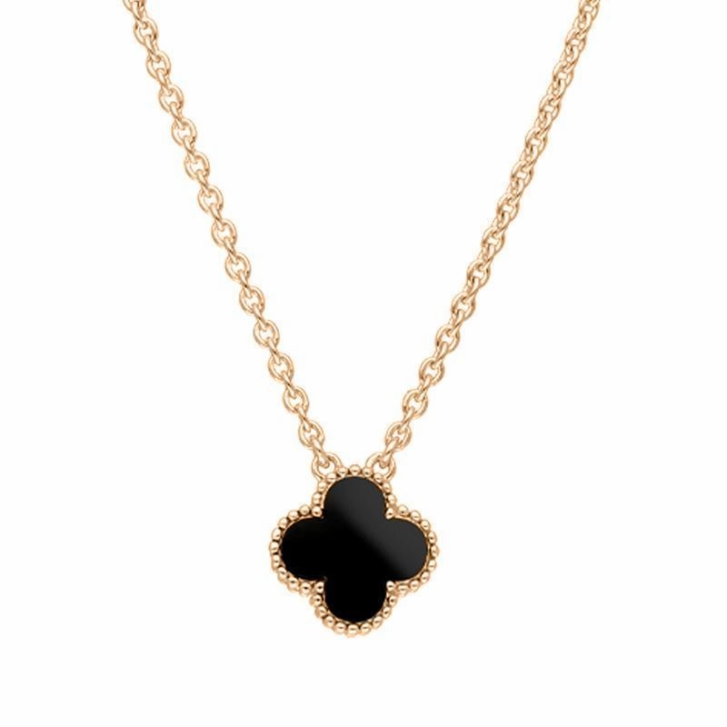 9ct Rose Gold Whitby Jet Bloom Small Four Leaf Clover Ball Edge Chain Necklace