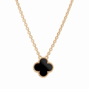 9ct Rose Gold Whitby Jet Bloom Small Four Leaf Clover Ball Edge Chain Necklace