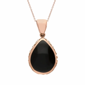 9ct Rose Gold Whitby Jet Blue John Double Sided Celtic Edge Pear Cut Fob Necklace