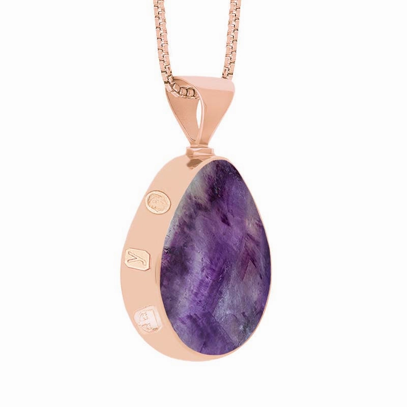 9ct Rose Gold Whitby Jet Blue John King's Coronation Hallmark Double Sided Pear-shaped Necklace D