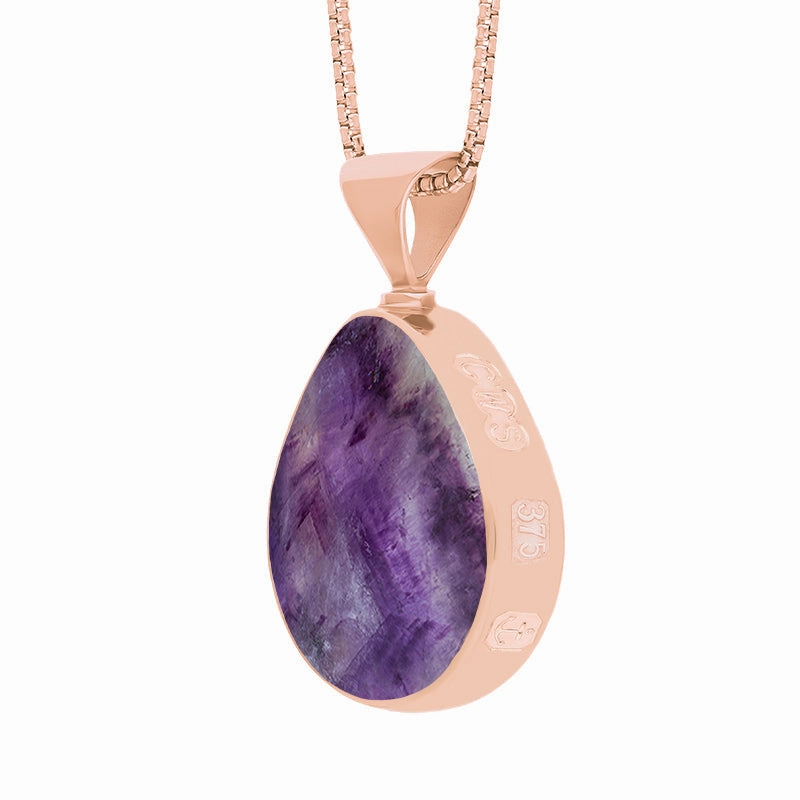 9ct Rose Gold Whitby Jet Blue John King's Coronation Hallmark Double Sided Pear-shaped Necklace D