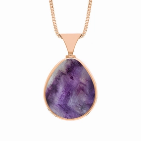 9ct Rose Gold Whitby Jet Blue John King's Coronation Hallmark Double Sided Pear-shaped Necklace D