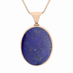 9ct Rose Gold Whitby Jet Lapis King's Coronation Hallmark Double Sided Oval Necklace D