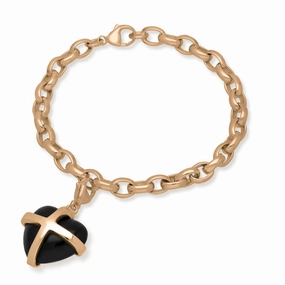9ct Rose Gold Whitby Jet Large Cross Heart Charm Bracelet