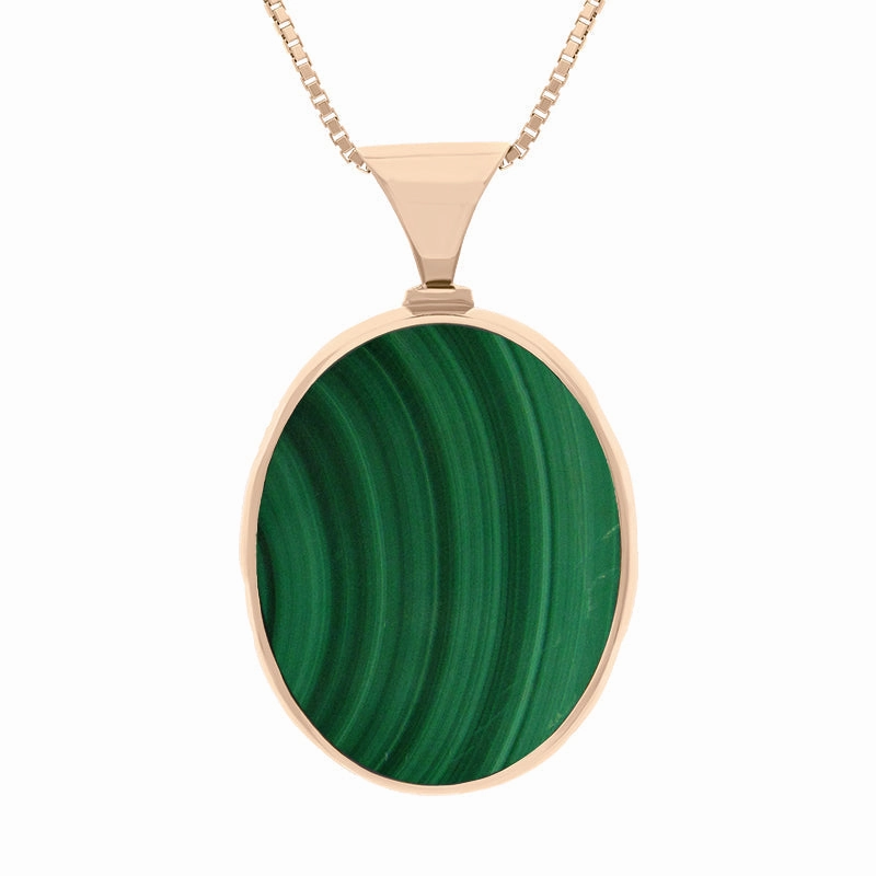 9ct Rose Gold Whitby Jet Malachite King's Coronation Hallmark Double Sided Oval Necklace D