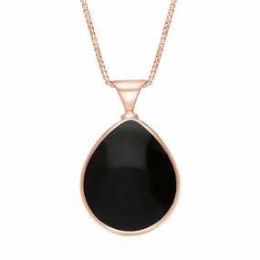 9ct Rose Gold Whitby Jet Mother of Pearl King's Coronation Hallmark Double Sided Pear-shaped Necklace D