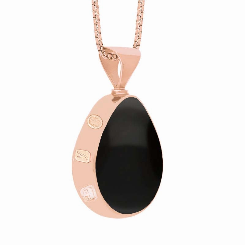 9ct Rose Gold Whitby Jet Mother of Pearl King's Coronation Hallmark Double Sided Pear-shaped Necklace D