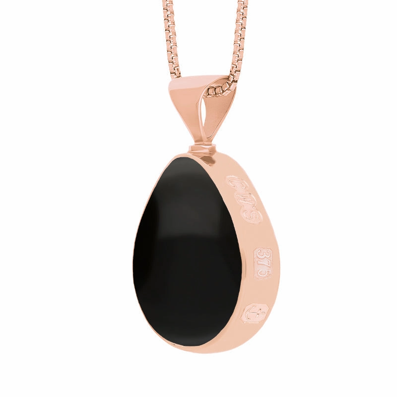 9ct Rose Gold Whitby Jet Mother of Pearl King's Coronation Hallmark Double Sided Pear-shaped Necklace D