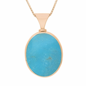9ct Rose Gold Whitby Jet Turquoise King's Coronation Hallmark Double Sided Oval Necklace D