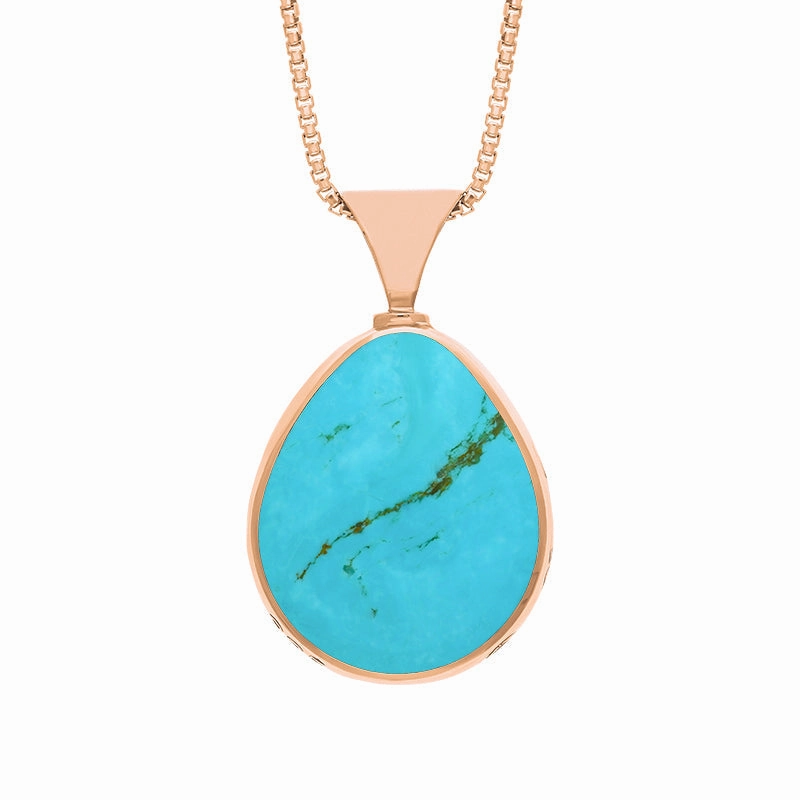 9ct Rose Gold Whitby Jet Turquoise King's Coronation Hallmark Double Sided Pear-shaped Necklace D