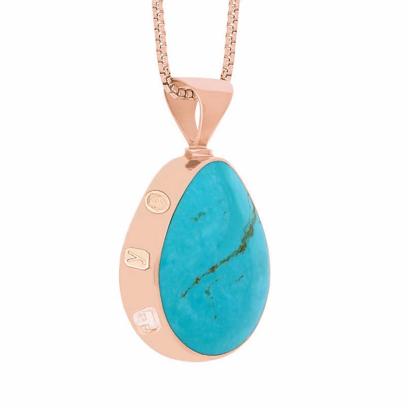 9ct Rose Gold Whitby Jet Turquoise King's Coronation Hallmark Double Sided Pear-shaped Necklace D